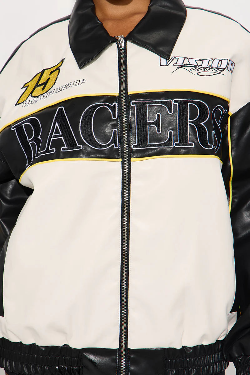 Luxus® Street Racer Faux Leather Bomber Jacket - Black/combo