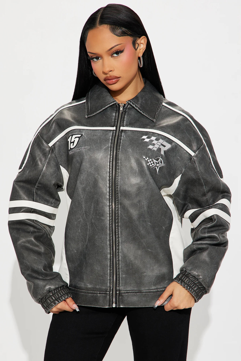 Luxus® Midnight Drifter Faux Leather Jacket - Charcoal/combo